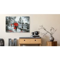 Schilderij - Regen in Londen (print op canvas), zwart-wit/rood, 4 maten, premium print