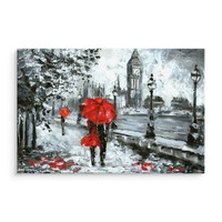 Schilderij - Regen in Londen (print op canvas), zwart-wit/rood, 4 maten, premium print