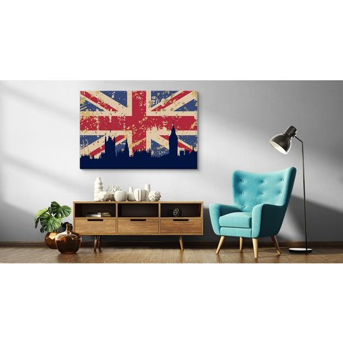 Schilderij - Vlag van Verenigd Koninkrijk en skyline van Londen, blauw/rood, 4 maten, premium print