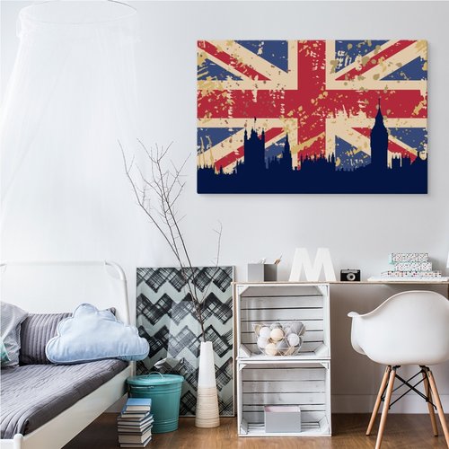 Schilderij - Vlag van Verenigd Koninkrijk en skyline van Londen, blauw/rood, 4 maten, premium print