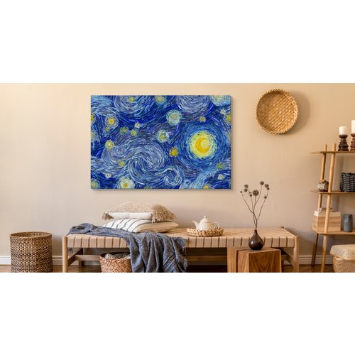 Schilderij - Sterrennacht in de style van Vincent van Gogh, blauw/geel, 4 maten, print op canvas