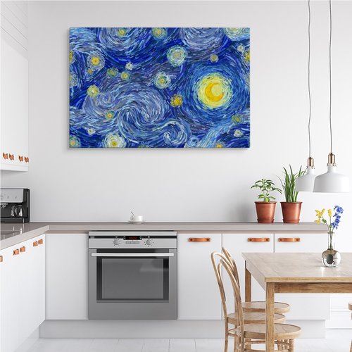 Schilderij - Sterrennacht in de style van Vincent van Gogh, blauw/geel, 4 maten, print op canvas