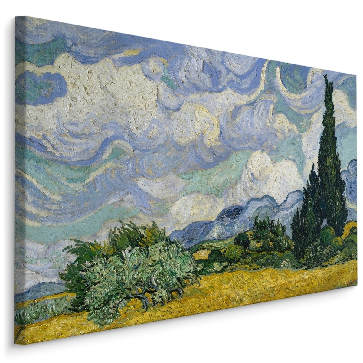 Schilderij - Vincent Van Gogh Korenveld met Cipressen, blauw/groen, 4 maten, reproductie afbeelding