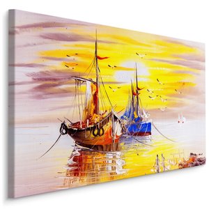 Schilderij - Schepen bij zonsondergang, 4 maten, multi-gekleurd, premium print