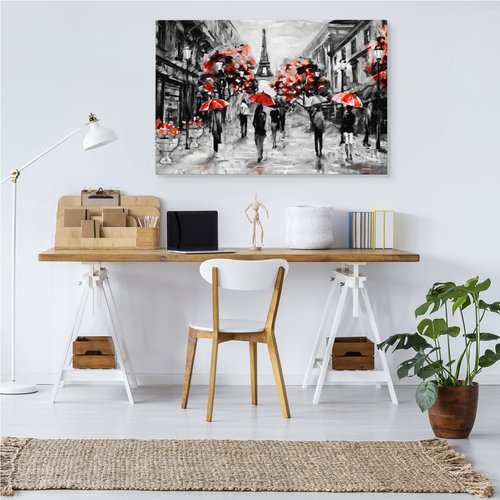 Schilderij - Regen in Parijs, zwart-wit/rood, 4 maten, premium print