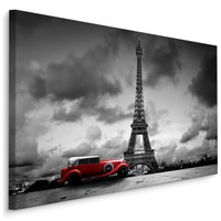 Schilderij - Oldtimer voor de Eiffeltoren in Parijs, zwart-wit/rood, 4 maten, premium print