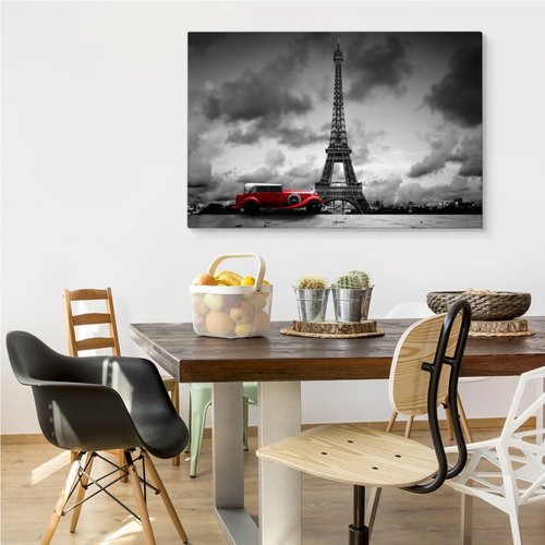 Schilderij - Oldtimer voor de Eiffeltoren in Parijs, zwart-wit/rood, 4 maten, premium print