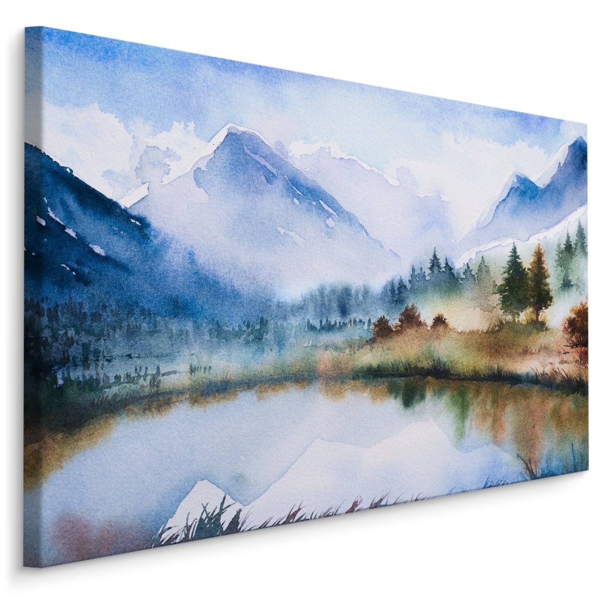 Schilderij - Berglandschap en meer (print op canvas), 4 maten, multi-gekleurd, premium print afbeelding