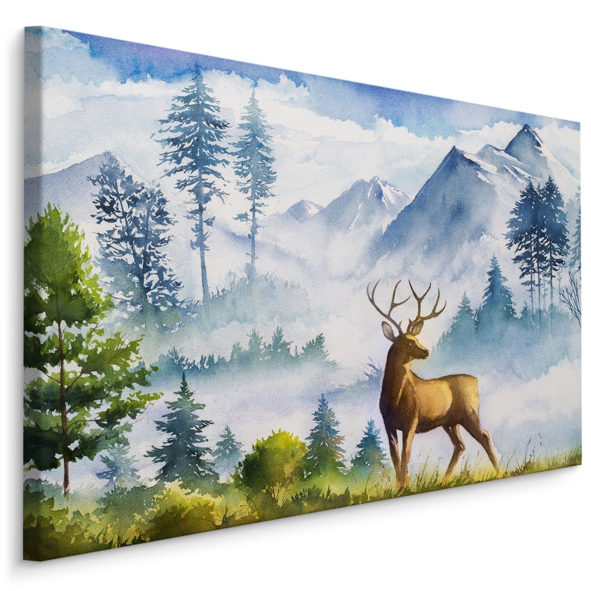 Schilderij - Berglandschap met hert (print op canvas), 4 maten, multi-gekleurd, wanddecoratie afbeelding