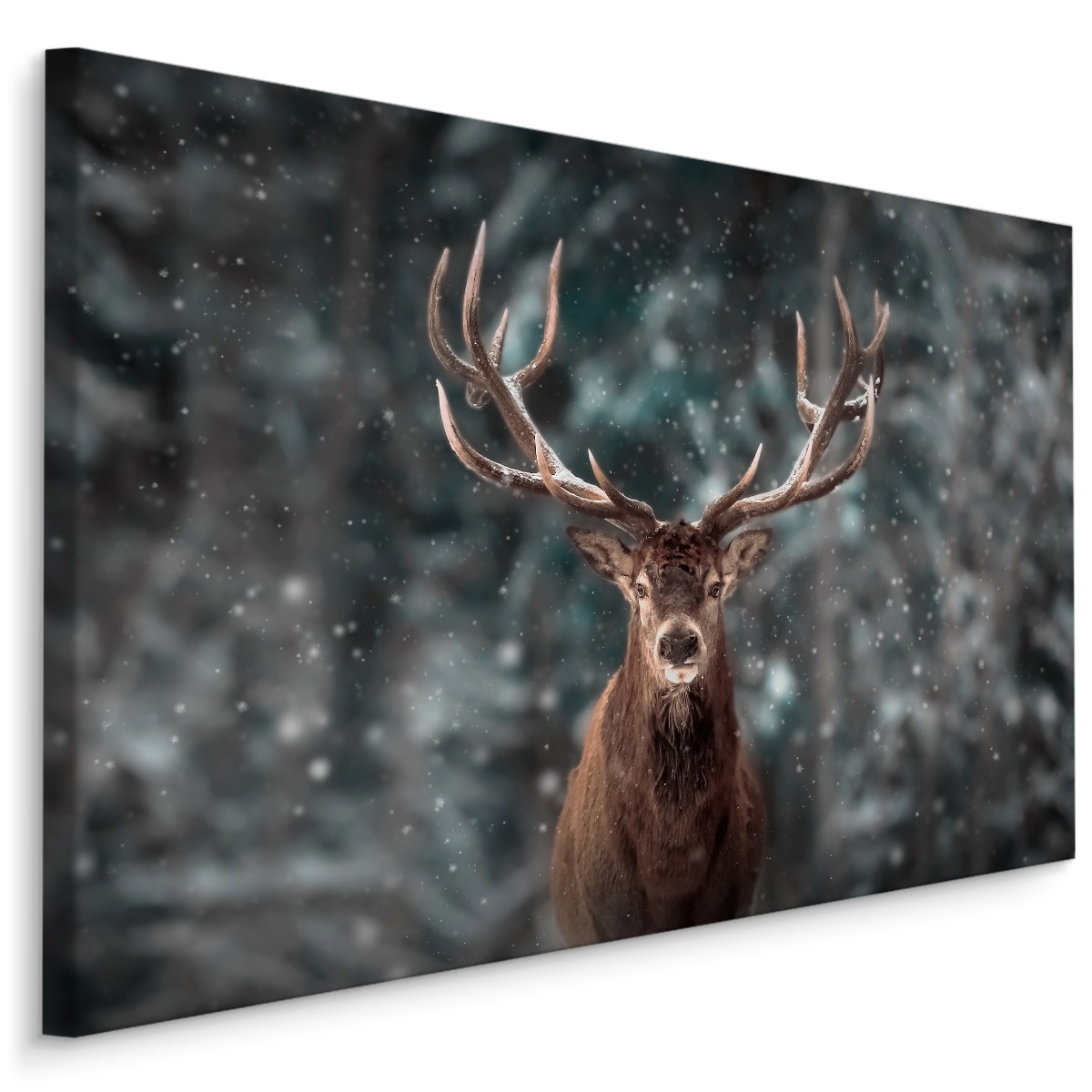 Schilderij - Hert in de sneeuw, 4 maten, bruin/grijs, premium print afbeelding