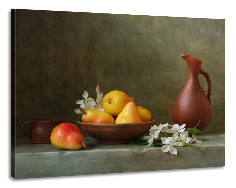 Schilderij -Stilleven met Peren. 100x80cm. Wanddecoratie, premium print afbeelding