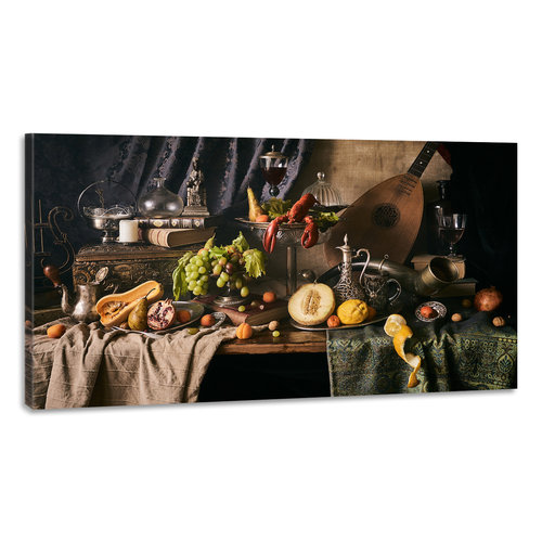 Karo-art Schilderij -Stilleven met Kreeft en Fruit,120x70cm. Wanddecoratie, premium print