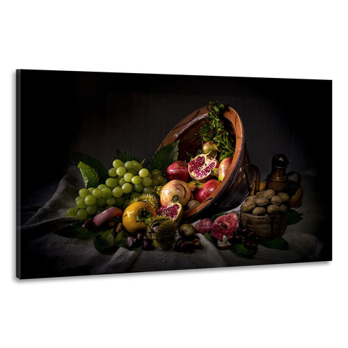 Karo-art Schilderij -Stilleven Omgevallen Fruitschaal, 100x70cm. Wanddecoratie, premium print