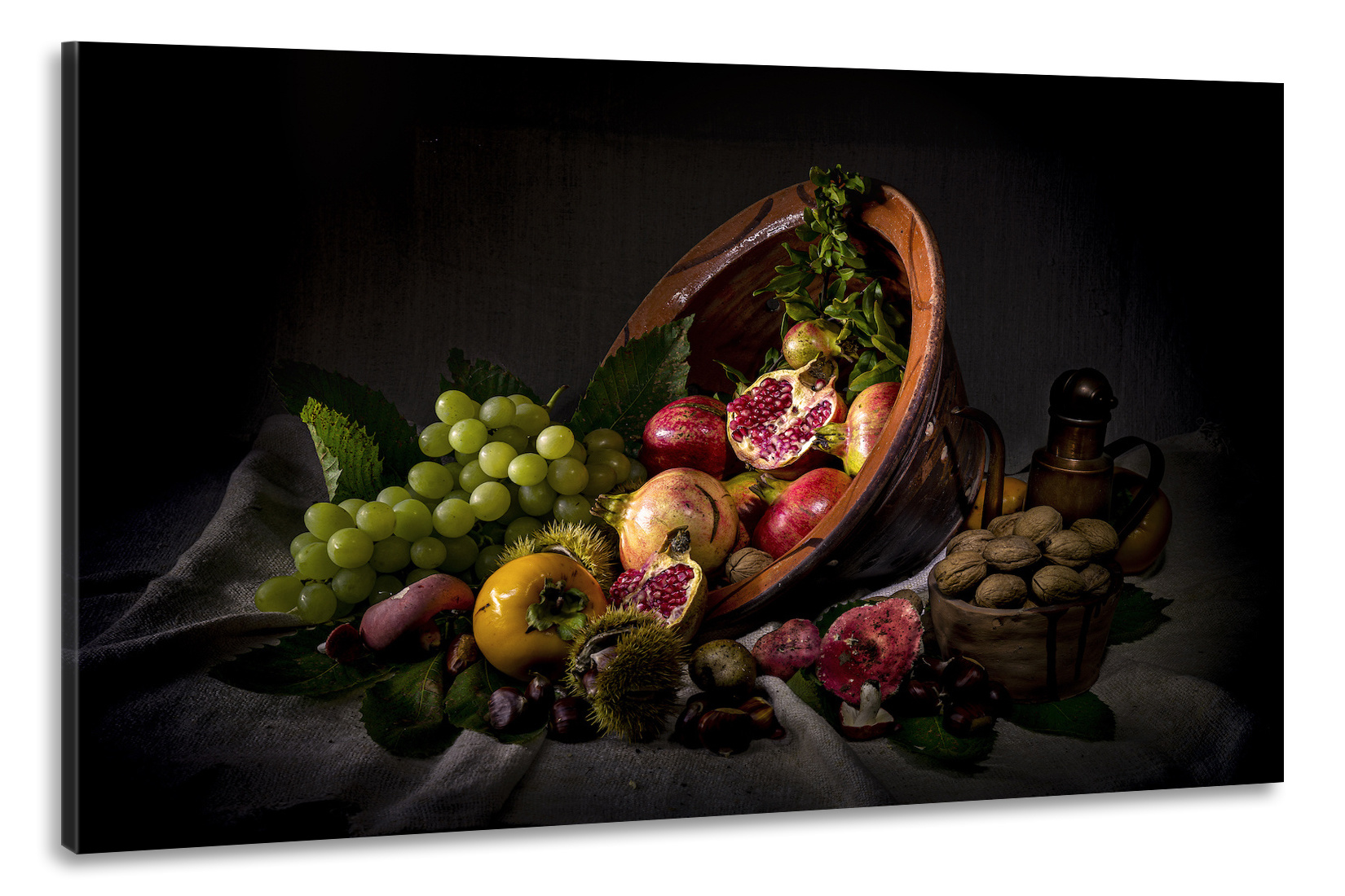Schilderij -Stilleven Omgevallen Fruitschaal, 100x70cm. Wanddecoratie, premium print afbeelding