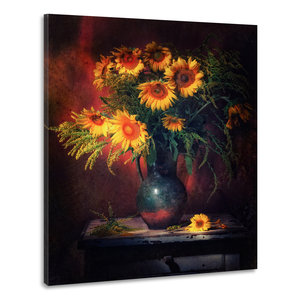 Karo-art Schilderij -Stilleven Zonnebloemen, 80x100cm. Wanddecoratie
