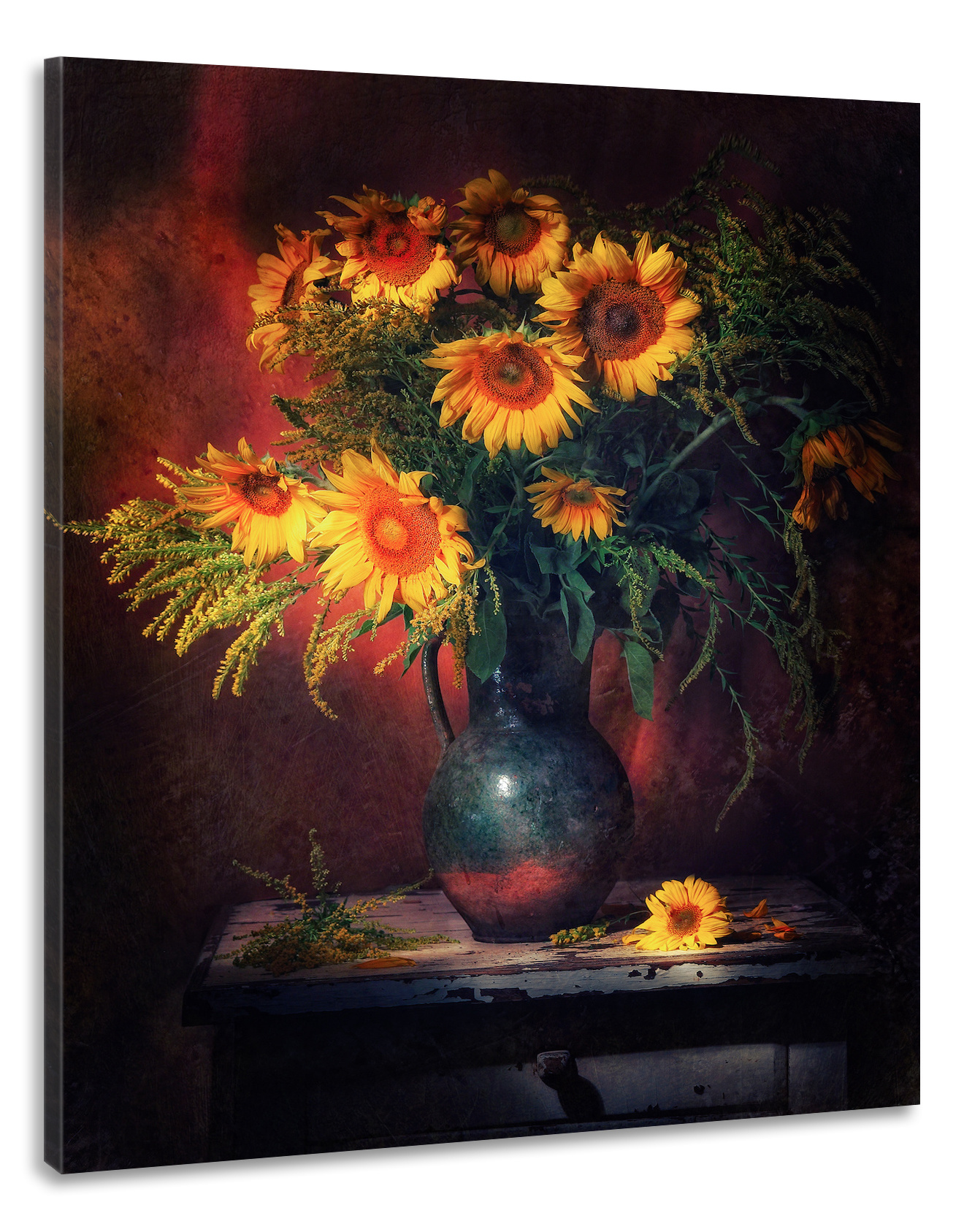 Schilderij -Stilleven Zonnebloemen, 80x100cm. Wanddecoratie afbeelding