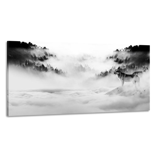 Karo-art Schilderij -Wolven in de mist, zwart/wit, 120x60cm. premium print