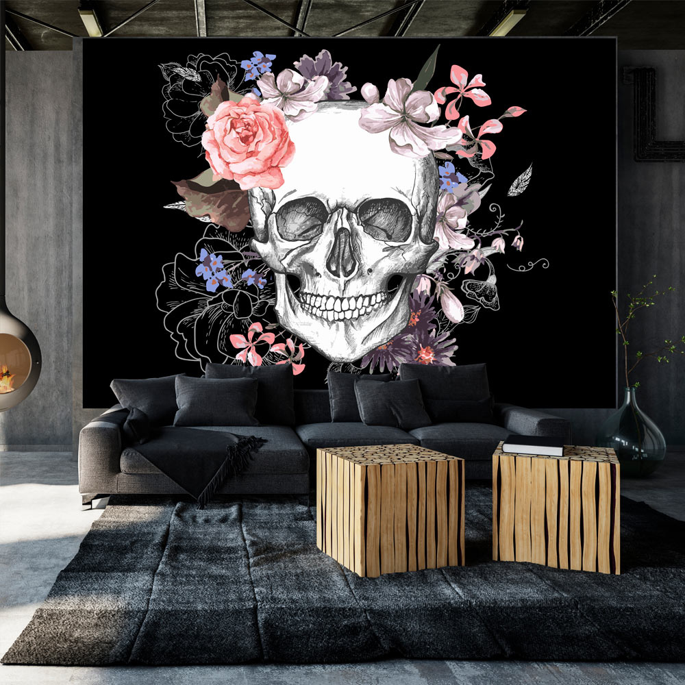 Zelfklevend fotobehang - Schedel en bloemen, 8 maten, premium print afbeelding