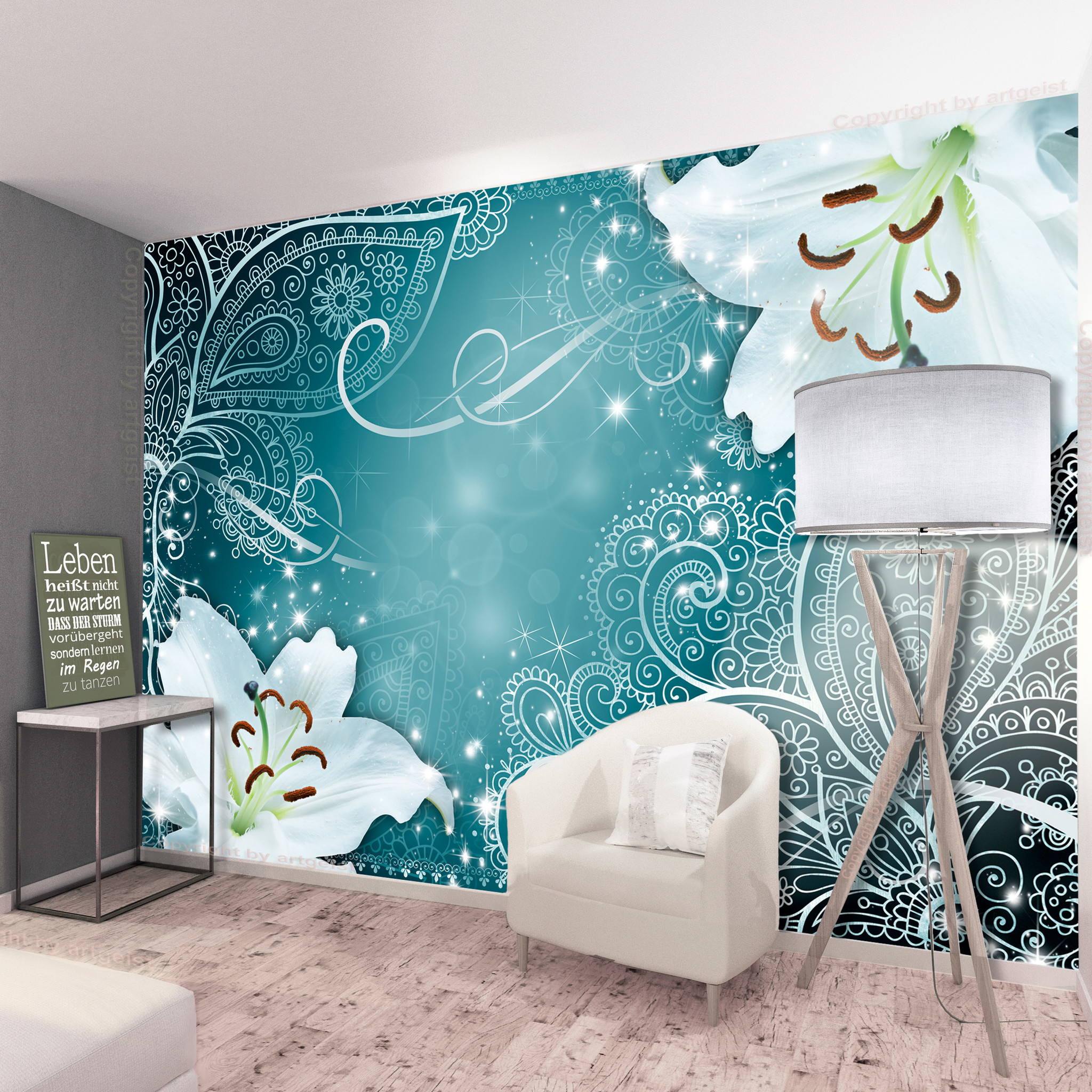 Zelfklevend fotobehang - Oosterse Bloemen in Turquoise , Premium Print