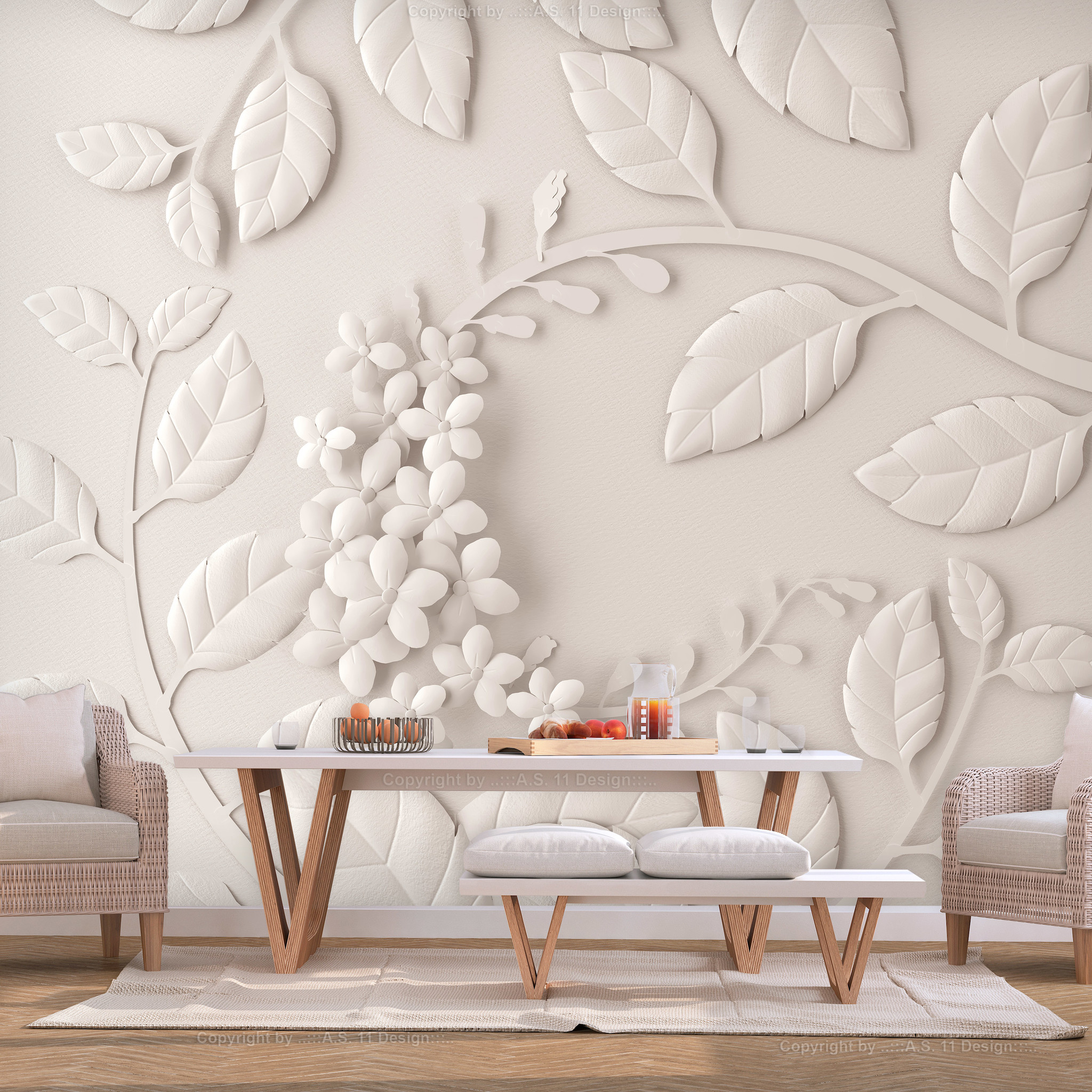 Zelfklevend fotobehang - Creme kleurige Papieren Bloemen , Premium Print afbeelding