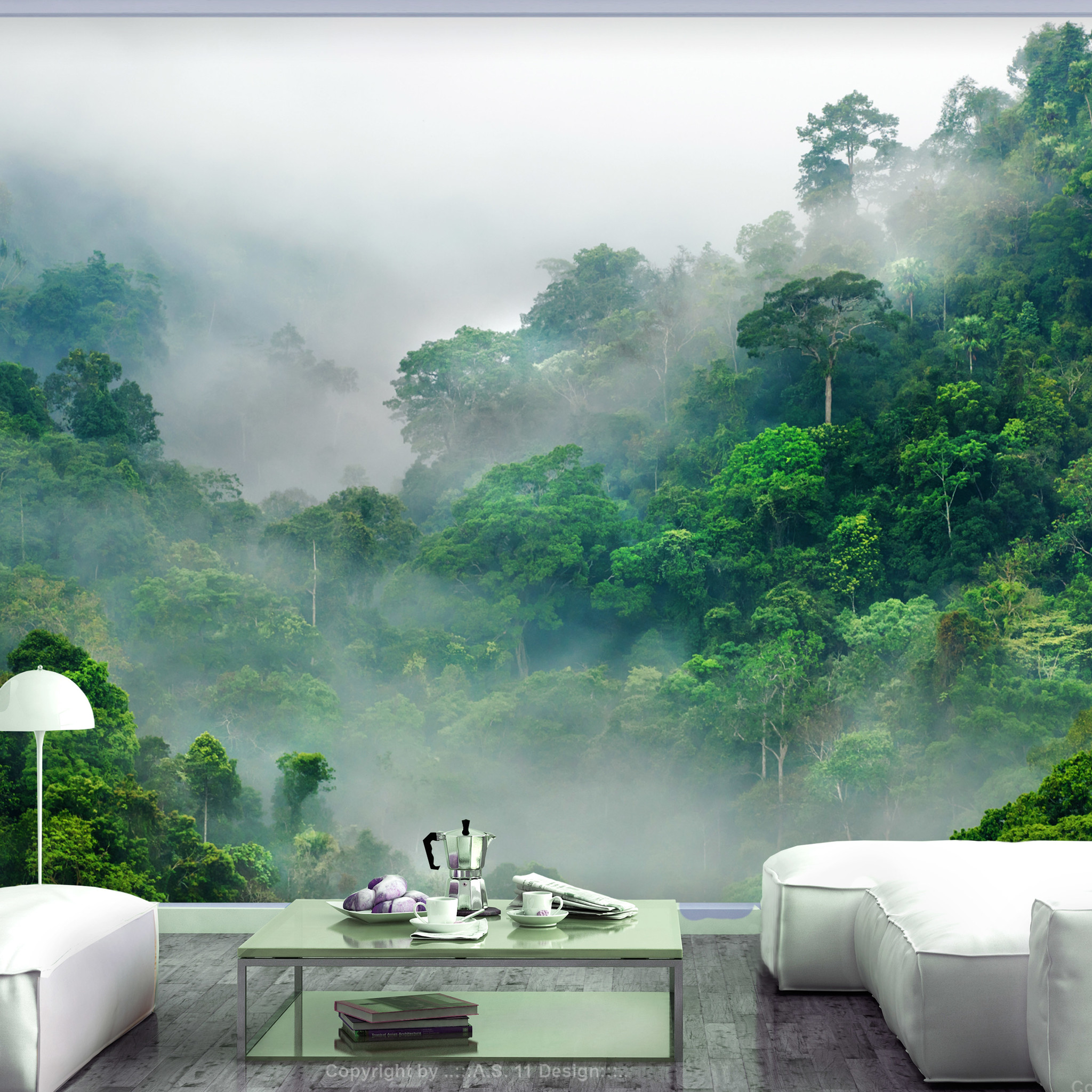 Zelfklevend fotobehang - Ochtend mist in bos , Premium Print afbeelding