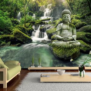 Zelfklevend fotobehang -   Boeddha voor waterval , Premium Print