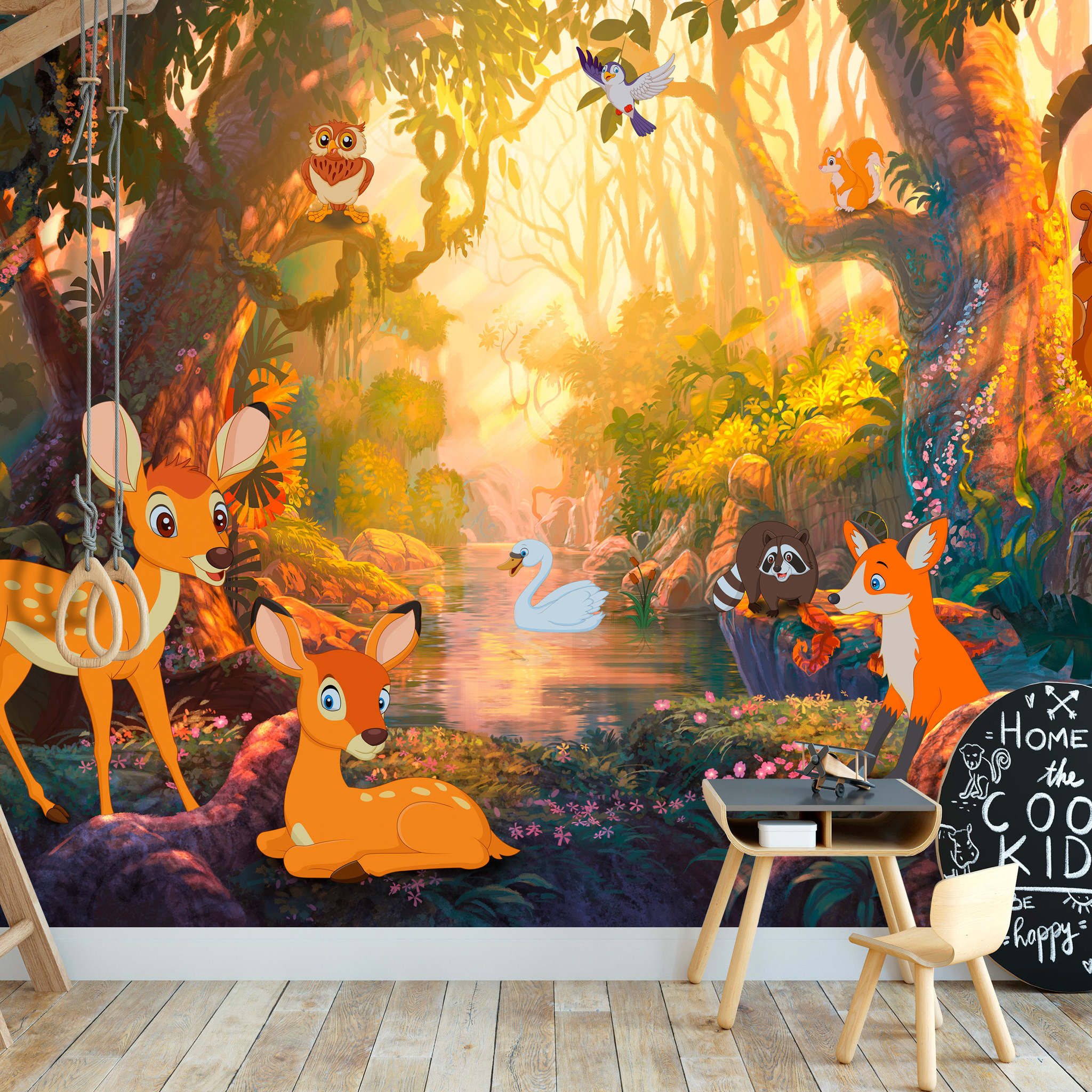 Zelfklevend fotobehang - Dieren in een sprookjesbos , Premium Print afbeelding