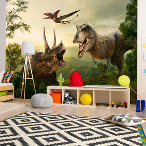 Zelfklevend fotobehang - Dinosaurus in het bos, groen/bruin, 8 maten, Premium Print, geen lijm nodig, instructie bijgesloten, water- en UV bestendig