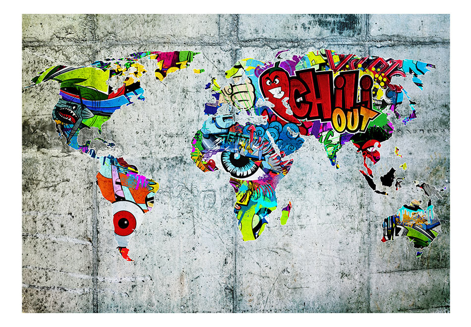 Zelfklevend fotobehang - Wereldkaart,Graffiti op betonnen muur, premium print, 8 maten, eenvoudig aa