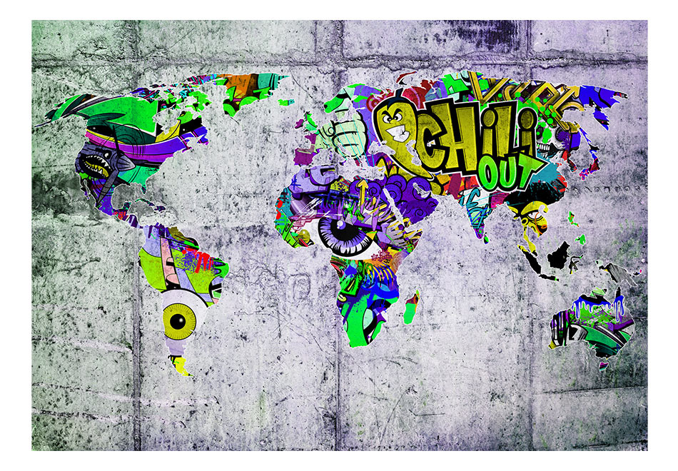 Zelfklevend fotobehang - Graffiti op betonnen muur, wereldkaart, multi-gekleurd, premium print, 8 ma
