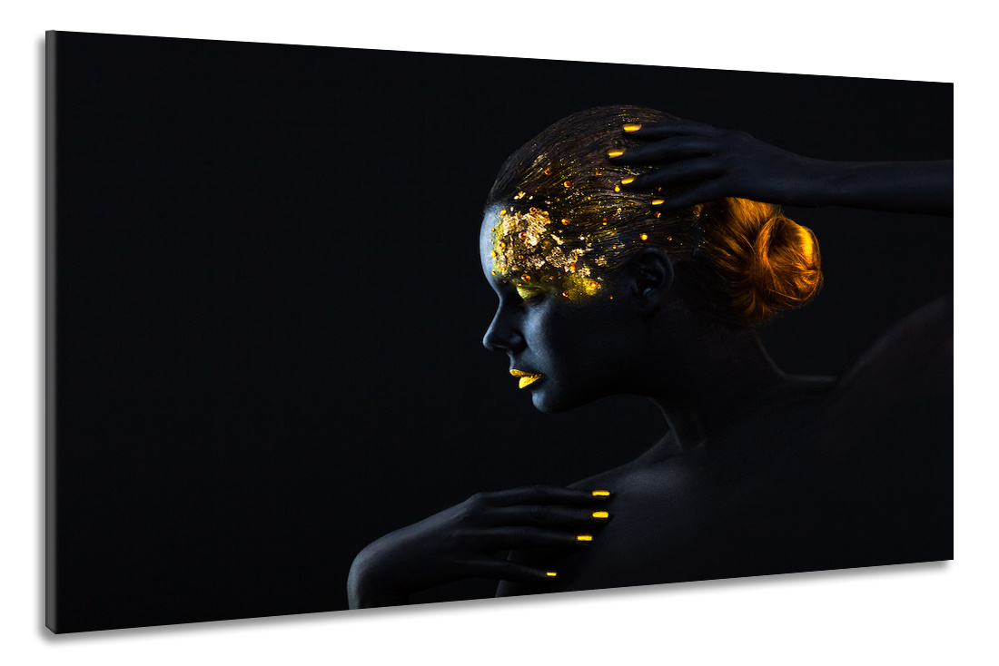 Schilderij -Vrouw in zwart en goud, 2 maten, wanddecoratie , premium print afbeelding