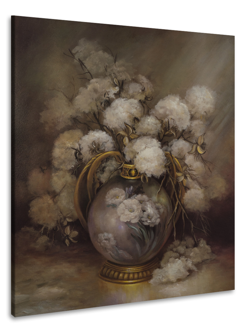 Schilderij -Katoenbollen in Vaas, stilleven, 70x100cm, Premium print afbeelding