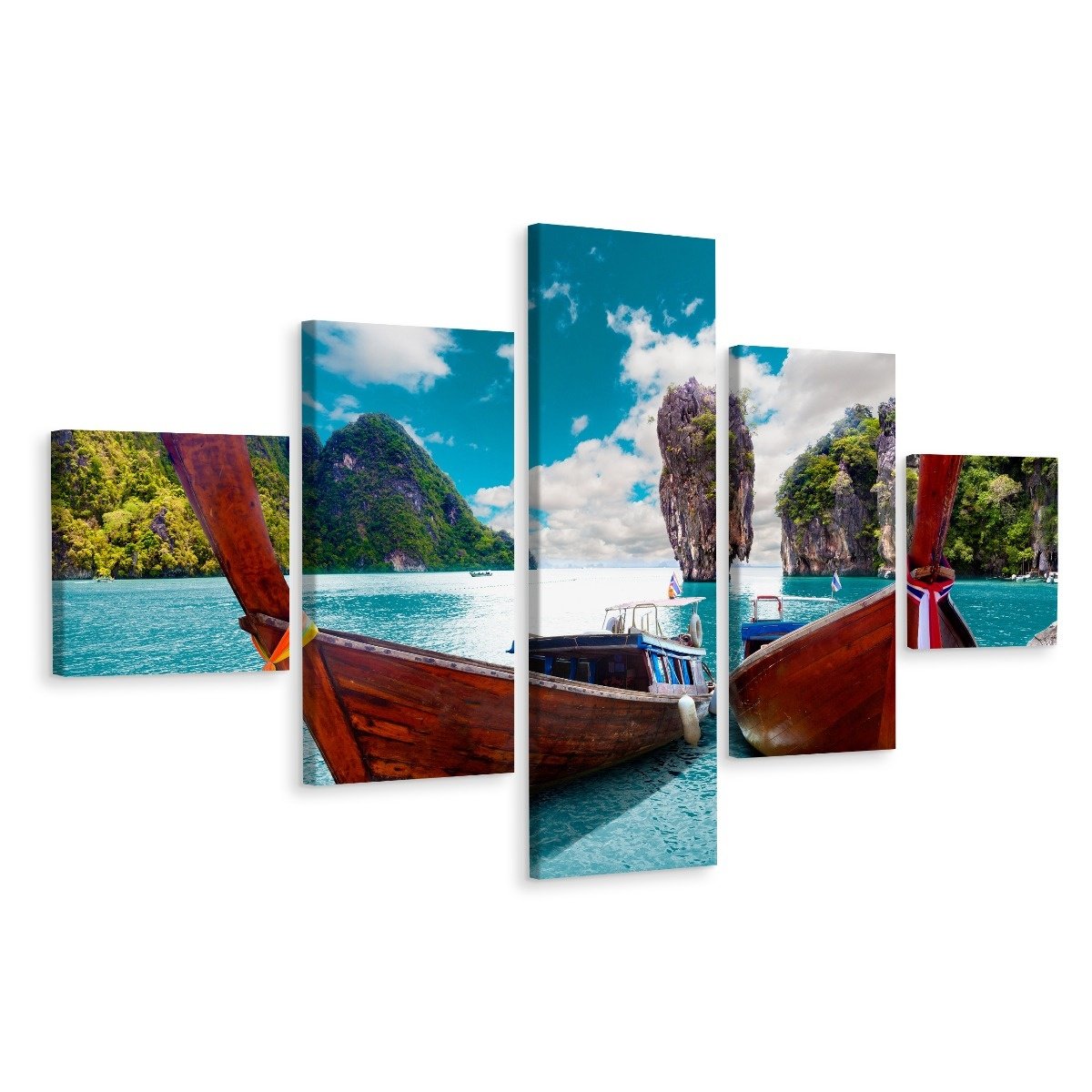 Schilderij - Boten in Thailand, 5luik, premium print afbeelding