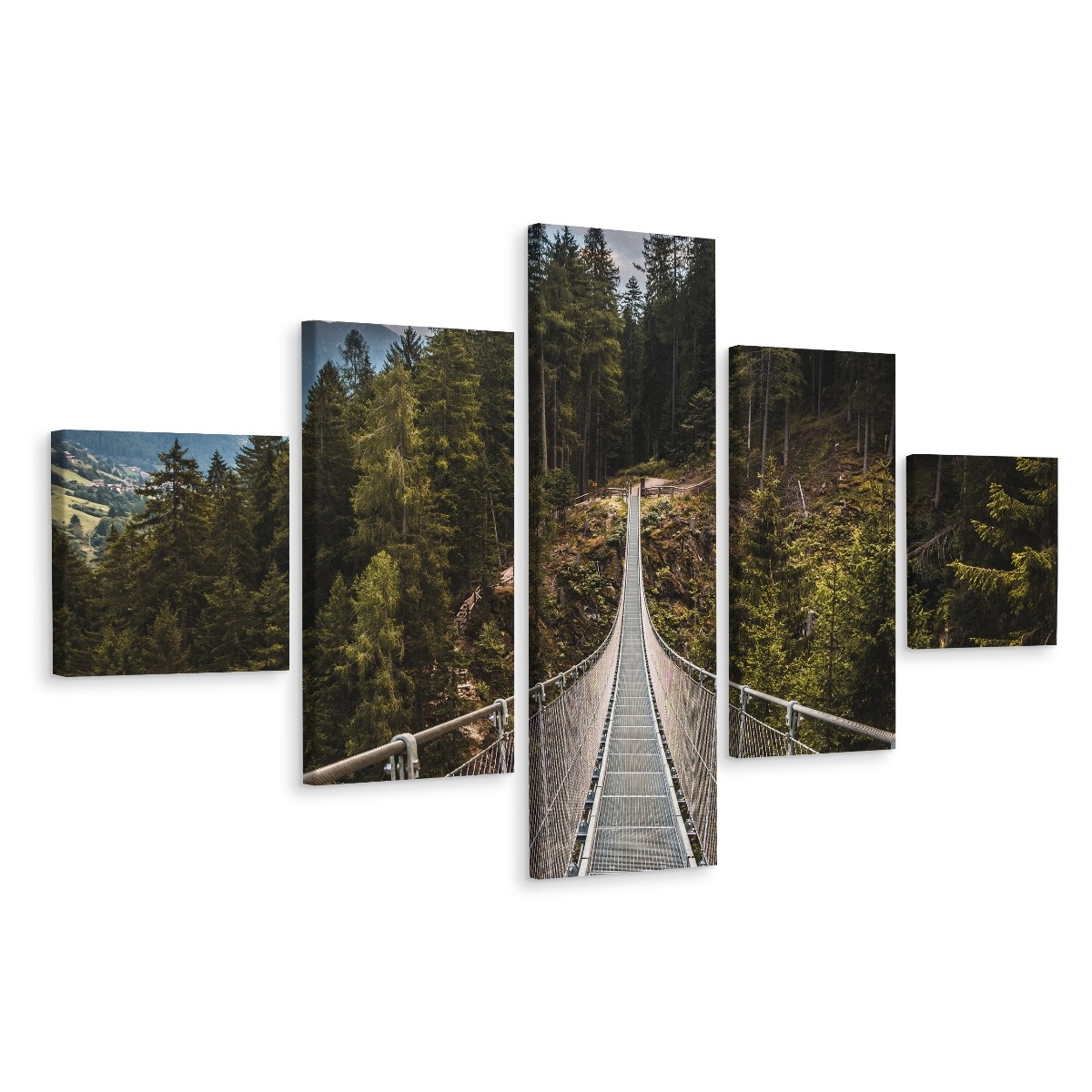 Schilderij - Touwbrug in de bos, 5luik, premium print afbeelding