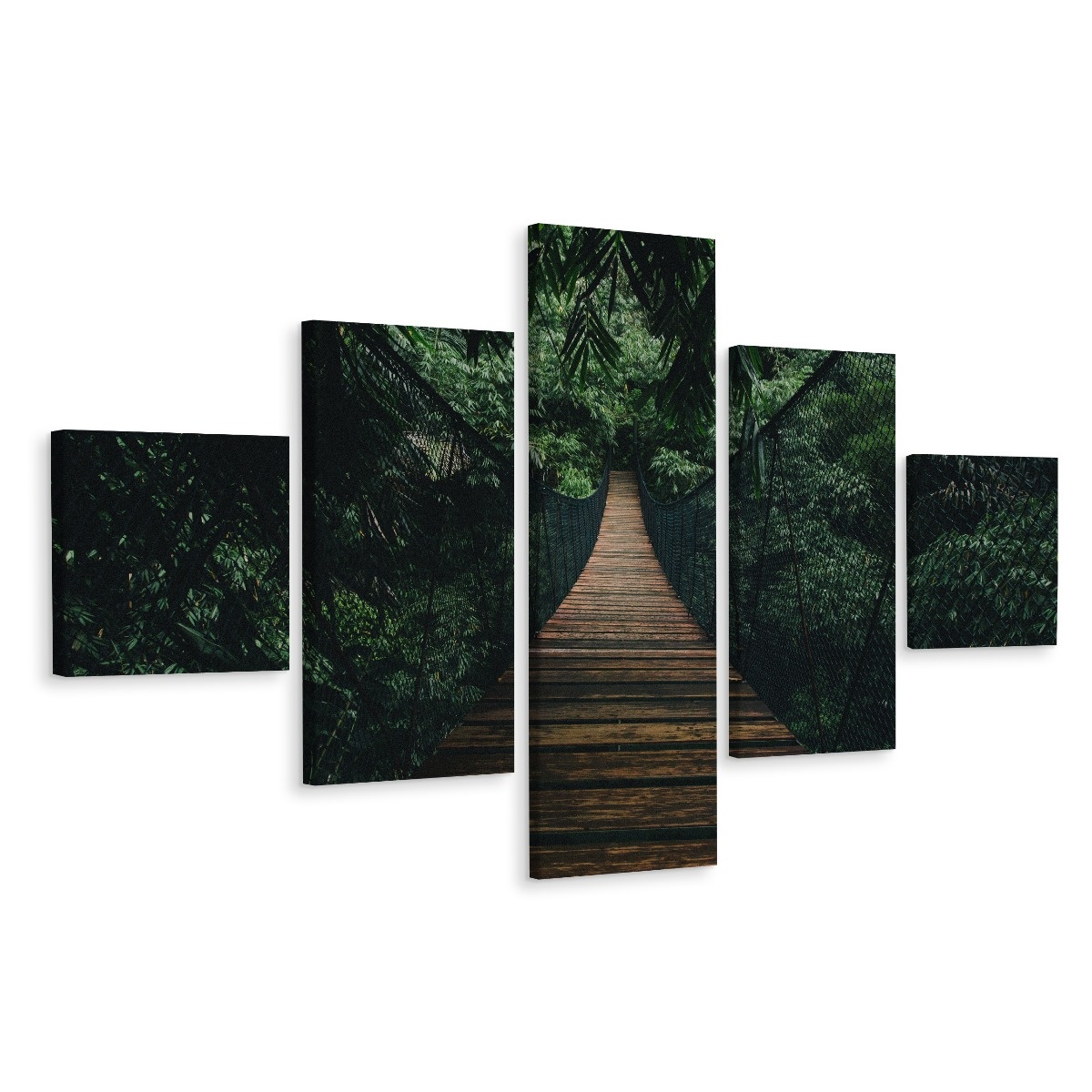 Schilderij - Touwbrug in de Jungle II, 5luik, premium print afbeelding