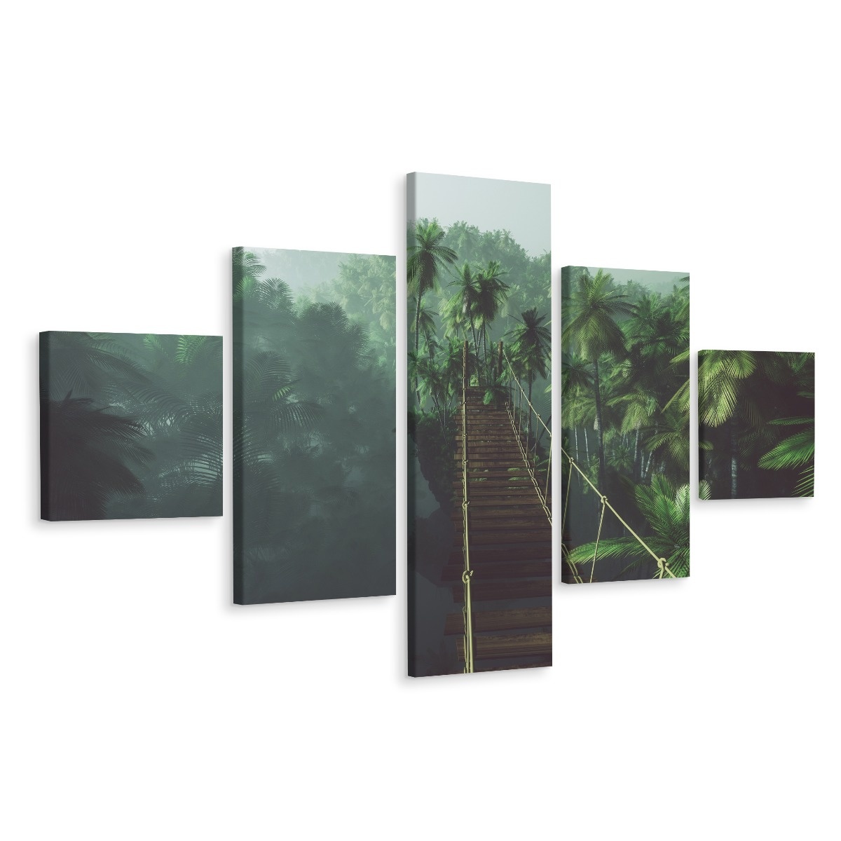 Schilderij - Touwbrug in de Jungle, 5luik, premium print afbeelding