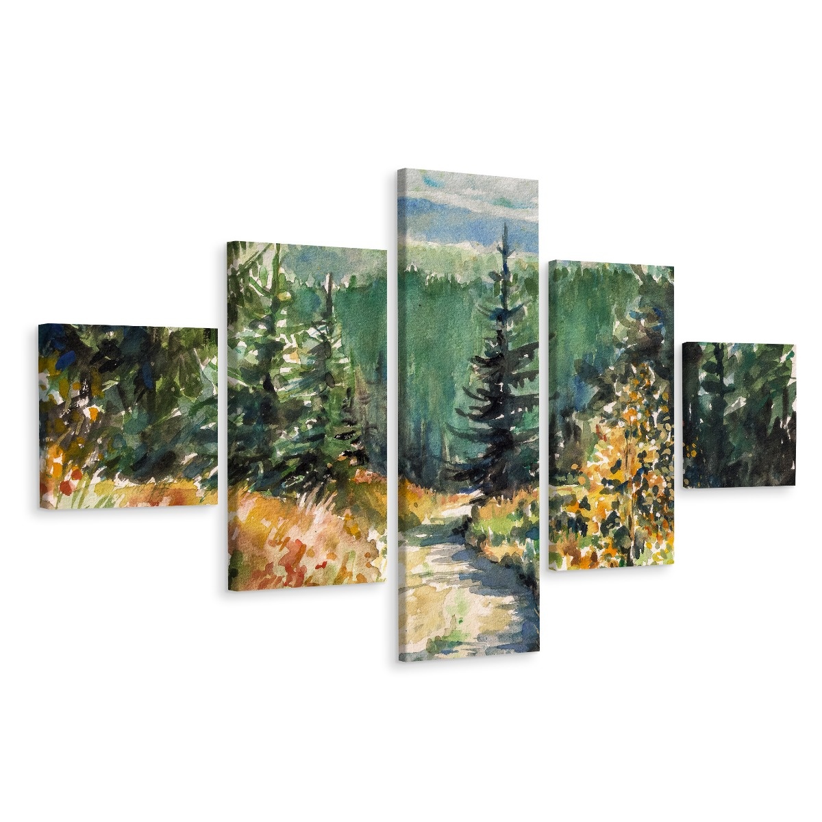 Schilderij - Geschilderd bos (print op canvas), 5luik, premium print afbeelding
