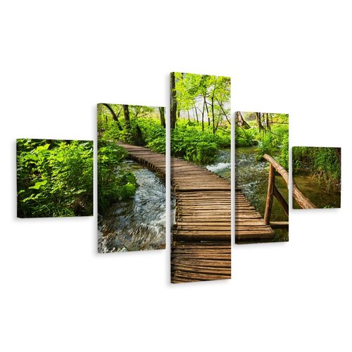 Schilderij - Houten pad door het bos, 5luik, premium print