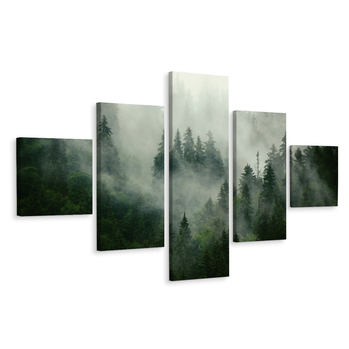 Schilderij - Bomen in de mist, 5luik, premium print