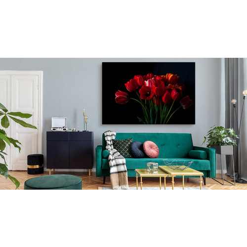 Schilderij - Rode tulpen zwarte achtergrond, premium print