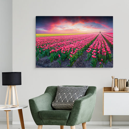 Schilderij - Bloeiend tulpen veld, premium print