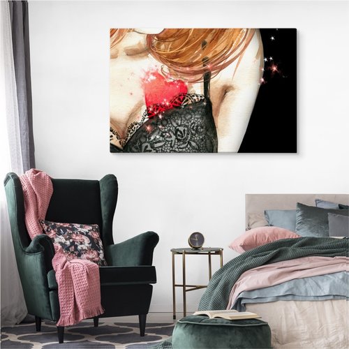 Schilderij - Vrouw met geschilderd hart (print op canvas), premium print