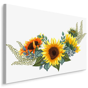 Schilderij - Zonnebloem en bladeren (print op canvas), premium print Schilderij - Zonnebloem en bladeren (print op canvas), premium print