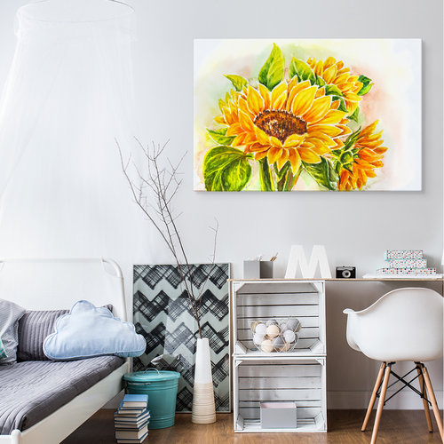 Schilderij - Zonnebloem in waterverf (print op canvas), premium print