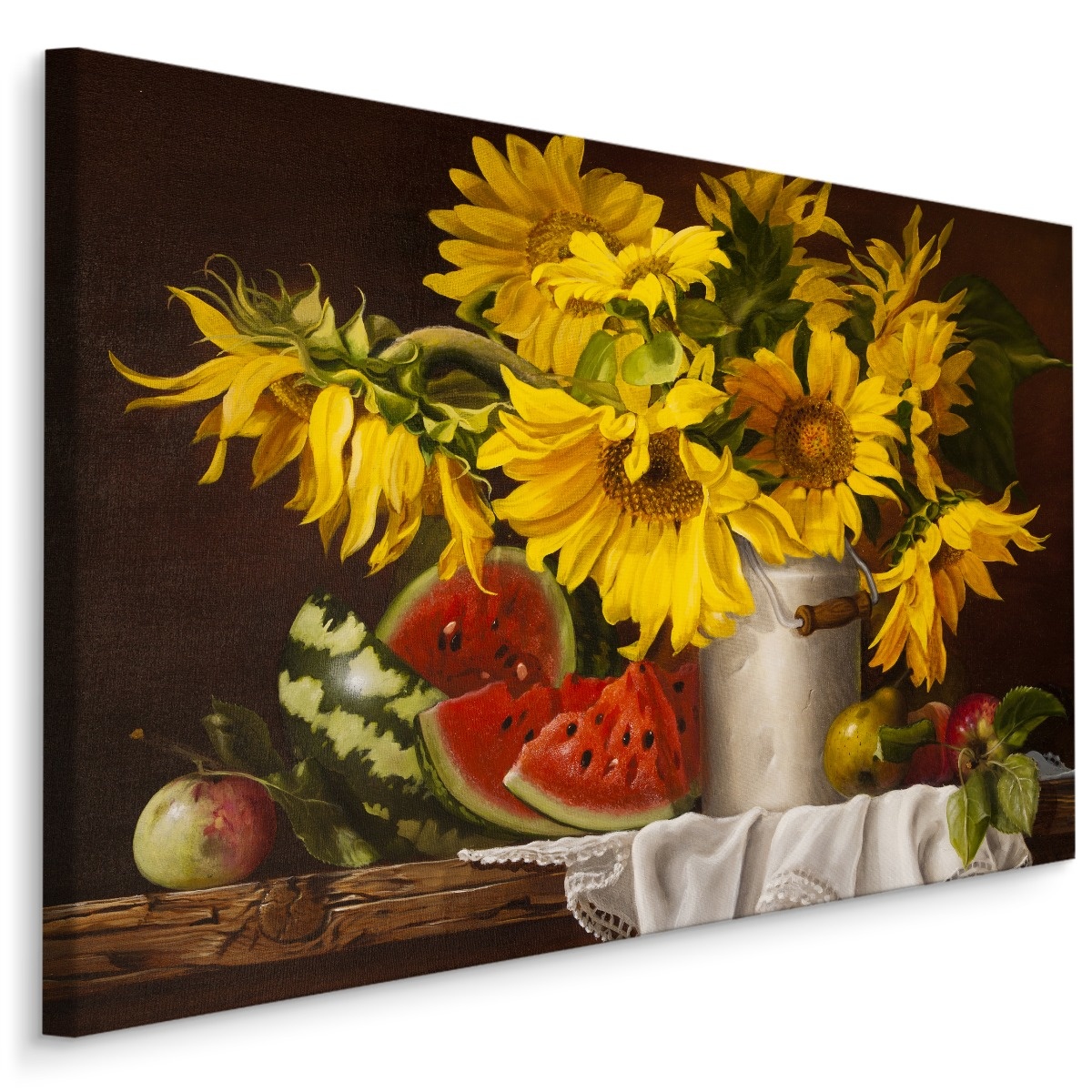 Schilderij - Stilleven Zonnebloemen en Fruit, Premium Print afbeelding