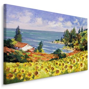 Schilderij - Landschap met Zonnebloemen, Premium print op Canvas Schilderij - Landschap met Zonnebloemen, Premium print op Canvas