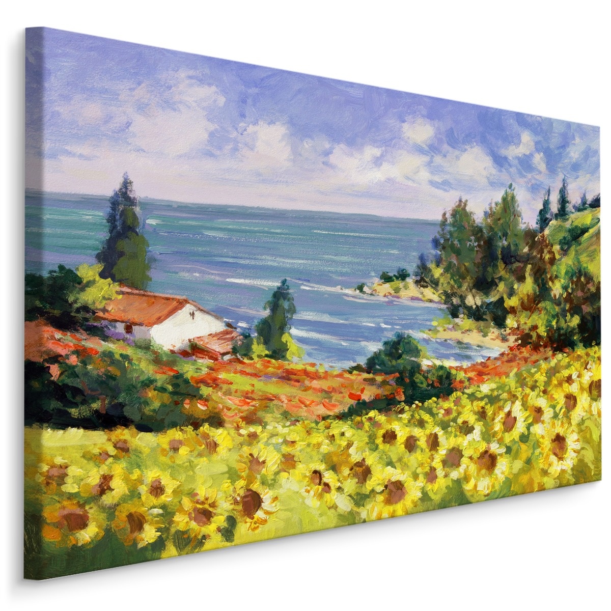 Schilderij - Landschap met Zonnebloemen, Premium print op Canvas