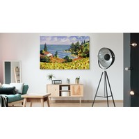 Schilderij - Landschap met Zonnebloemen, Premium print op Canvas