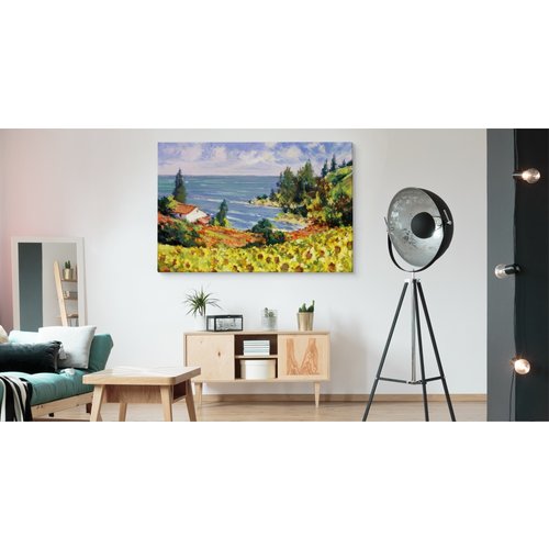 Schilderij - Landschap met Zonnebloemen, Premium print op Canvas