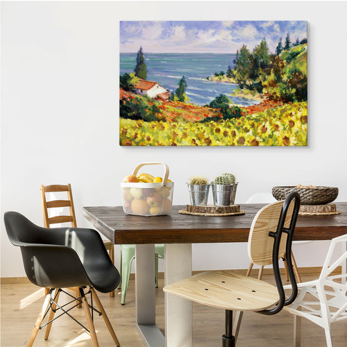 Schilderij - Landschap met Zonnebloemen, Premium print op Canvas